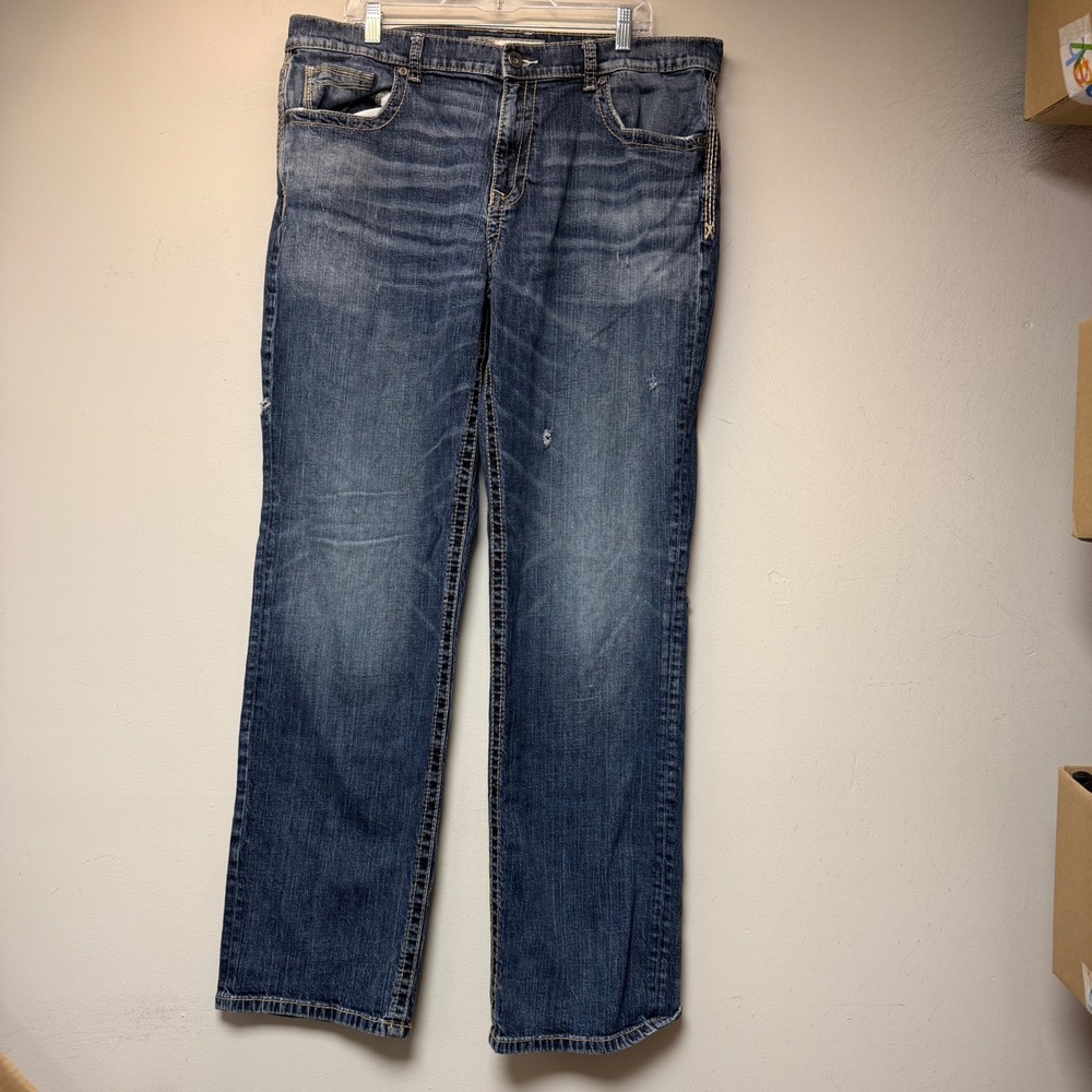 BKE Seth Straight Leg Jeans Mens 40L Blue Good Distressed Denim Pants 13899
